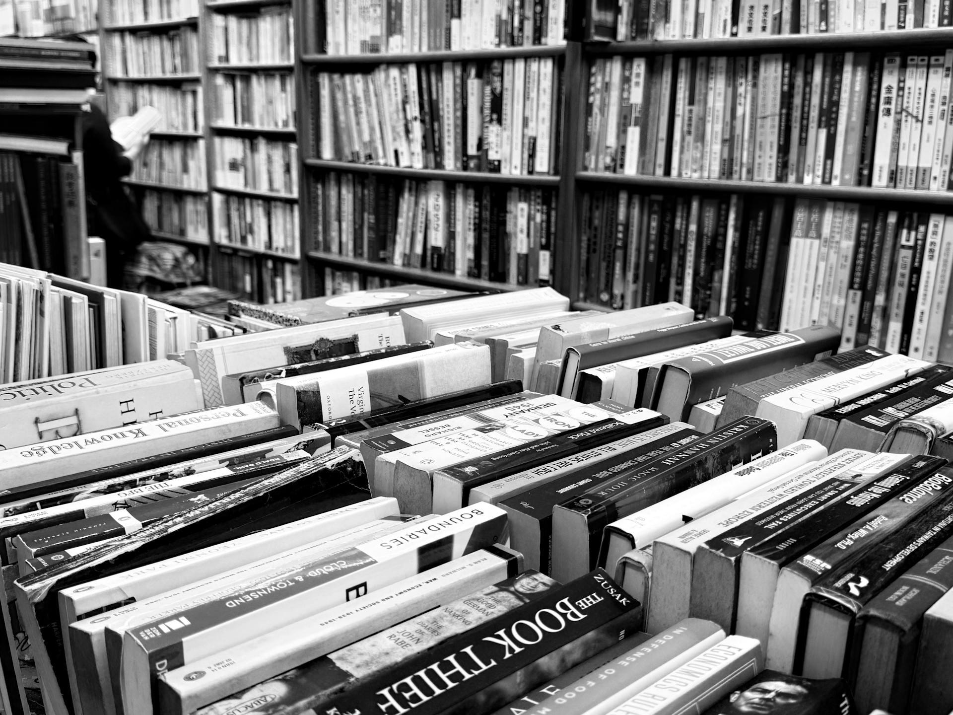 black and white image of multiple books lined up