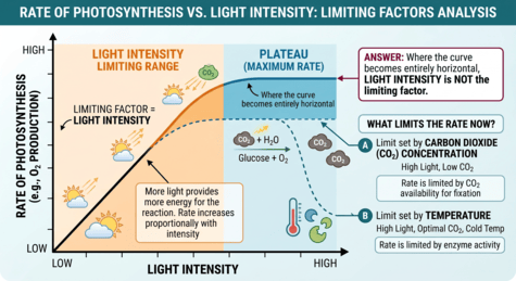 Rate of photosynthesis vs light intensity graph with explanations