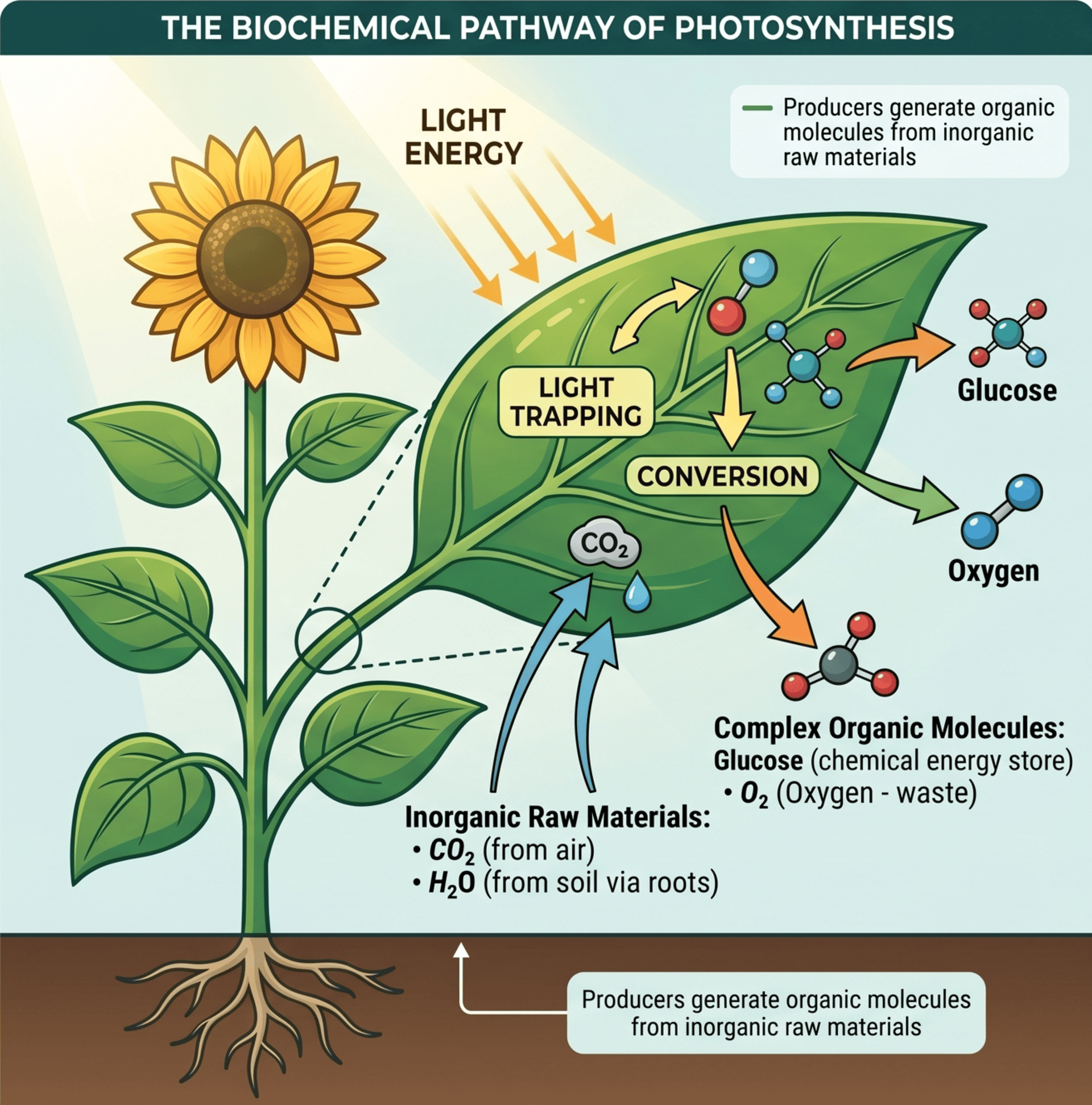Illustration of photosynthesis using a magnified leaf with light trapping, conversion, glucose, oxygen and carbon dioxide