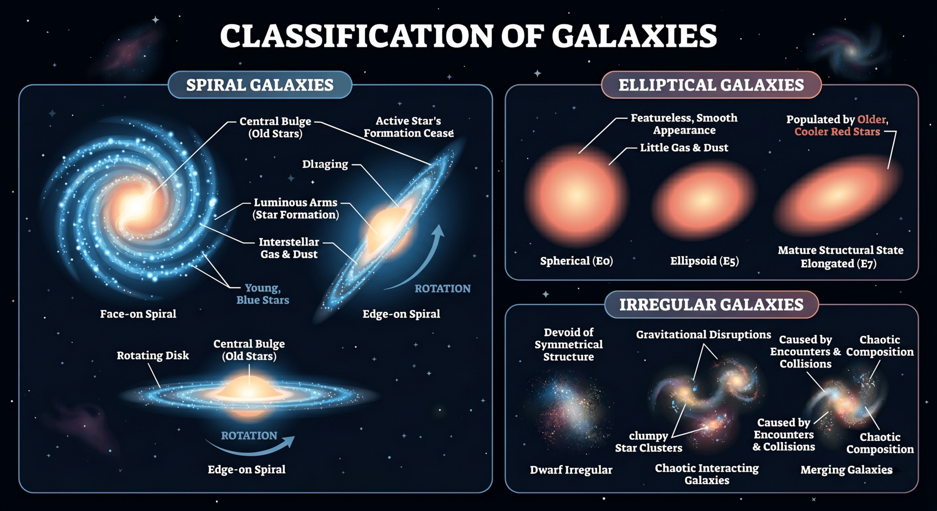 Classification of the galaxies: spiral, elliptical and irregular