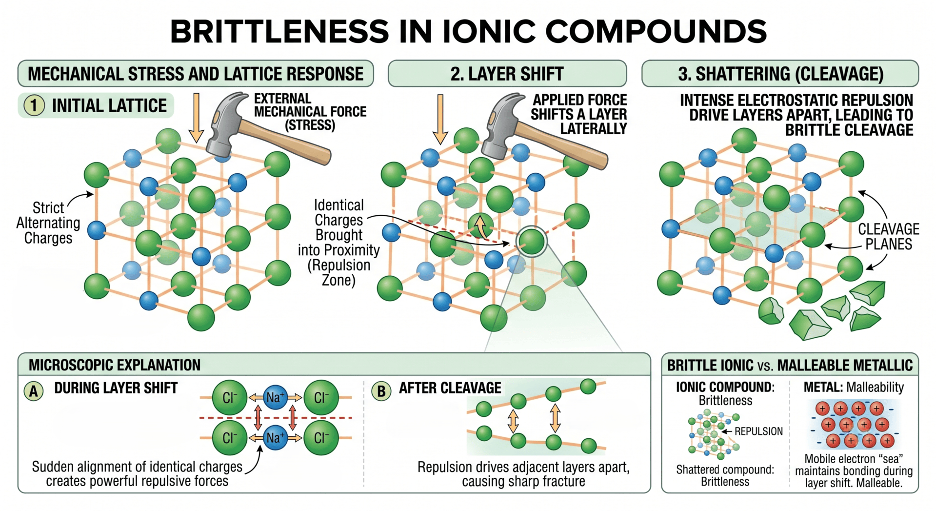 Illustration of brittleness in ionic compounds with ions aligning creating repulsion