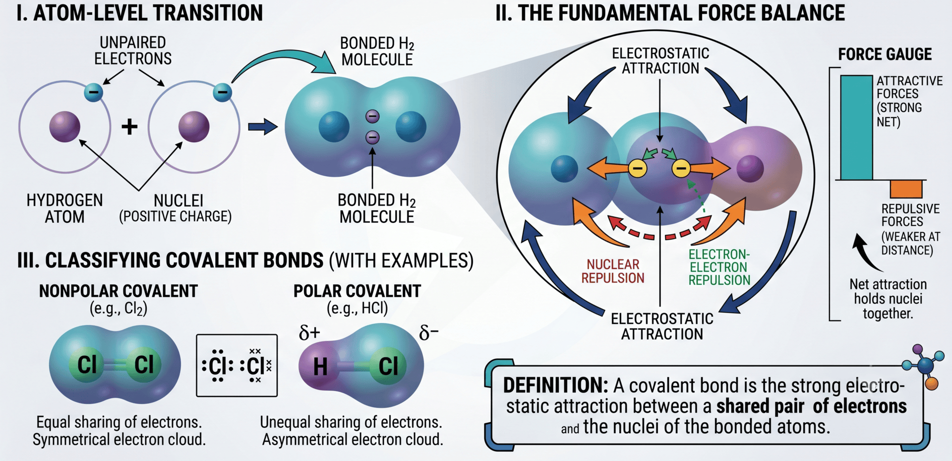 Illustration of covalent bonding including force gauge, covalent character and formation
