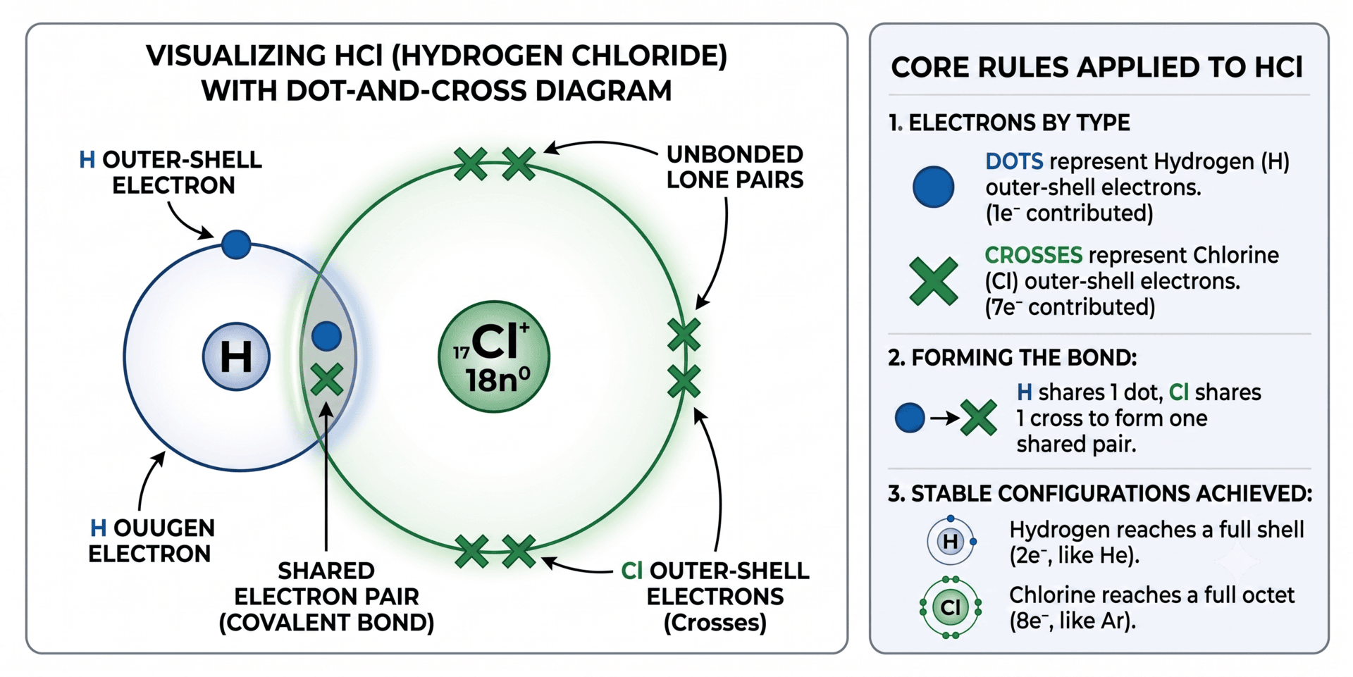 dot and cross diagram for HCl illustrating covalent sharing of electrons