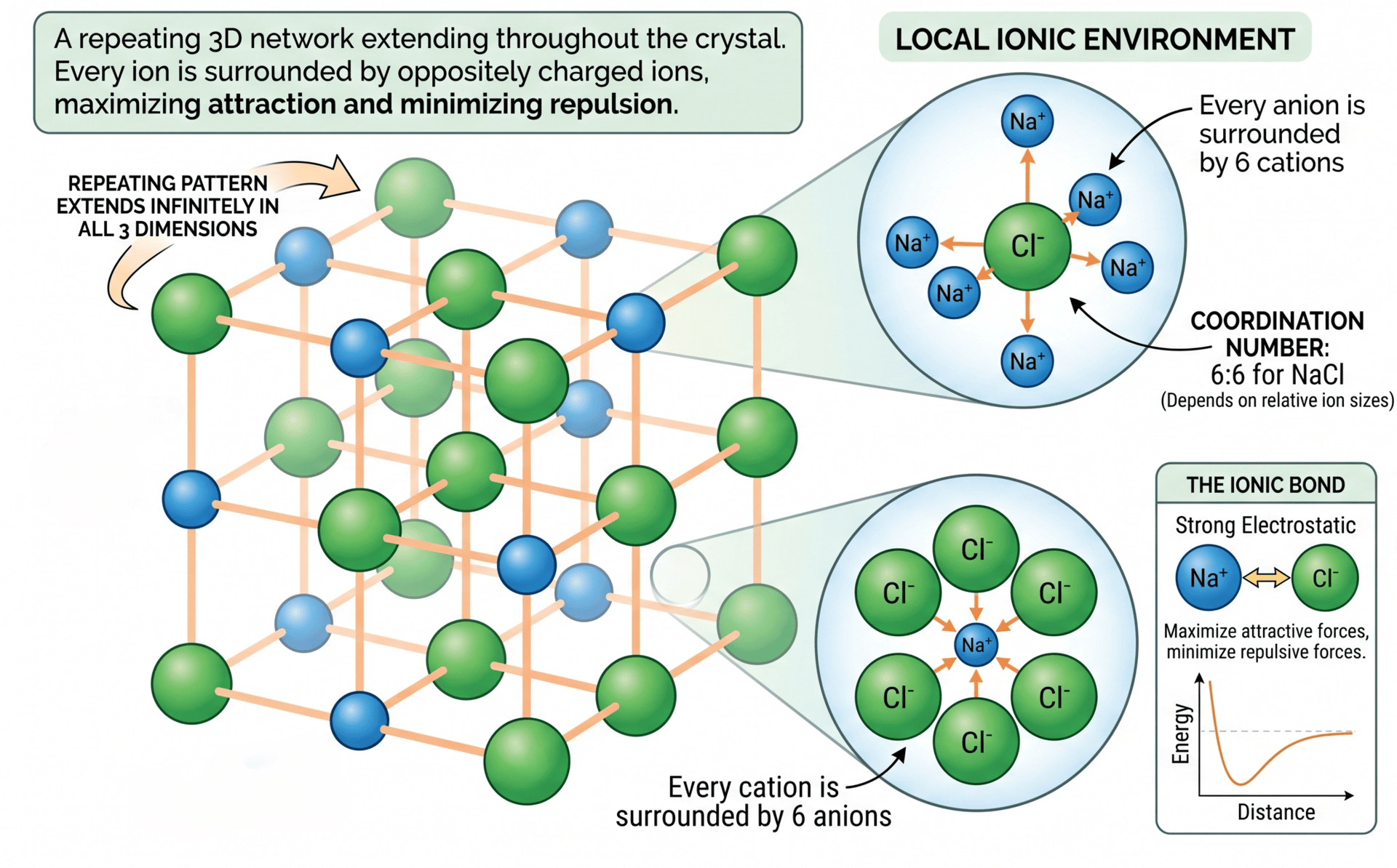 Giant ionic lattice for NaCl illustrating coordination number and repeating pattern