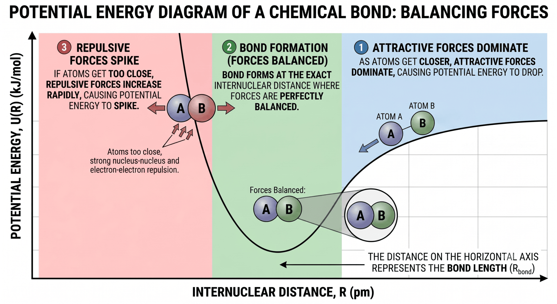Pontential energy graph of a bond showing attraction, balance and then repulsion