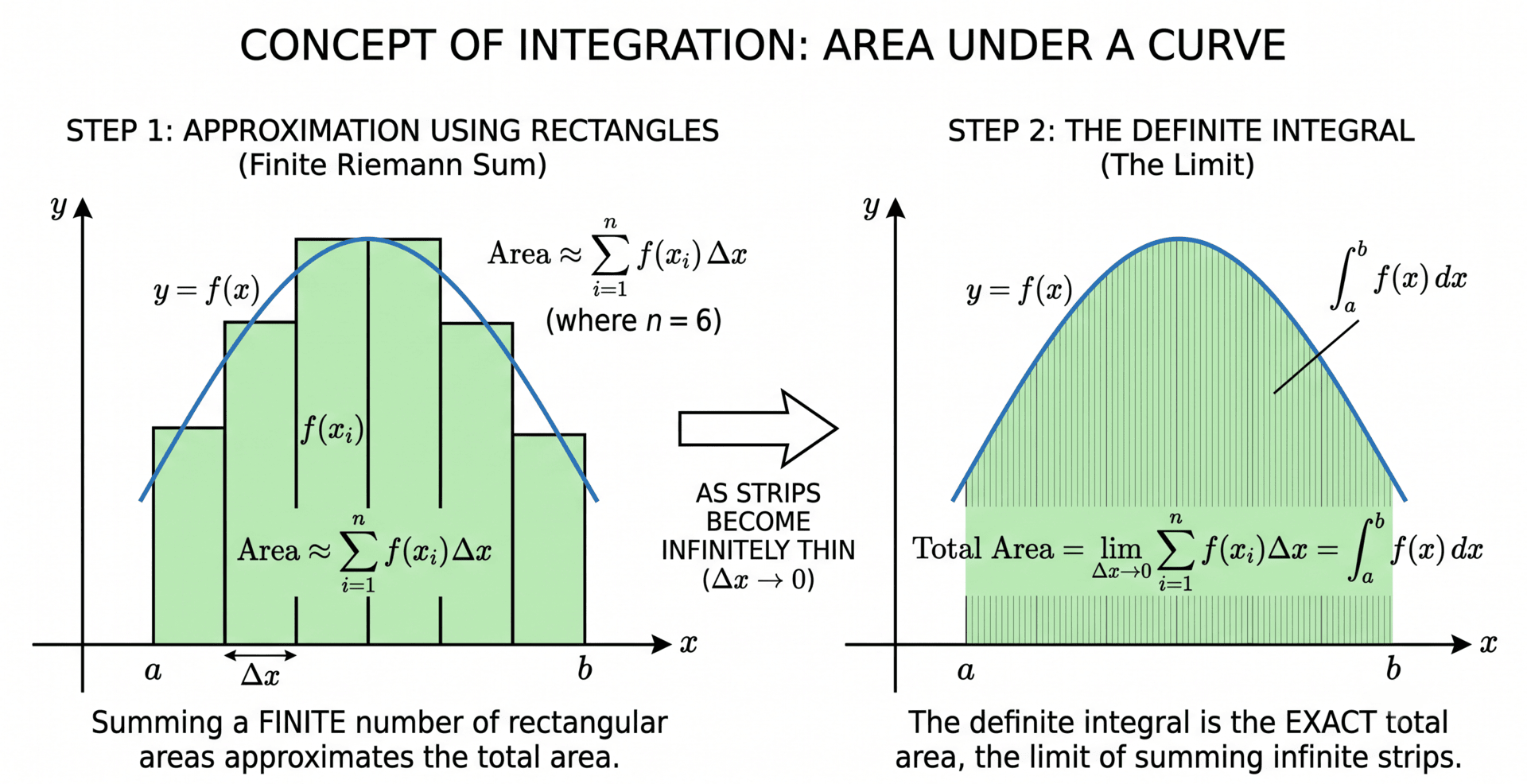graphs illustrating concept of integration as the area under a curve split into thin strips