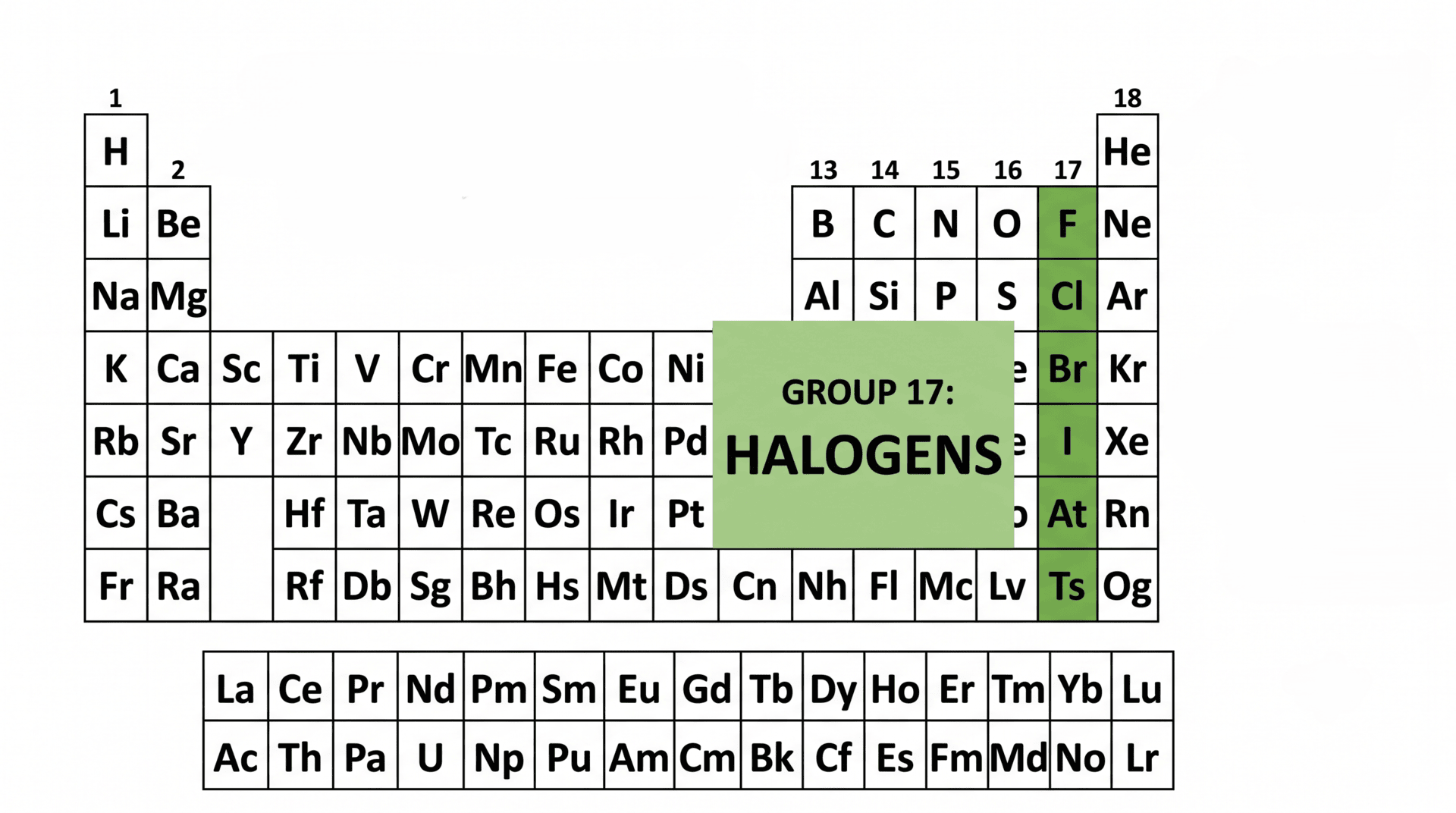 Periodic talbe with the halogens, group 17, highlighted in green