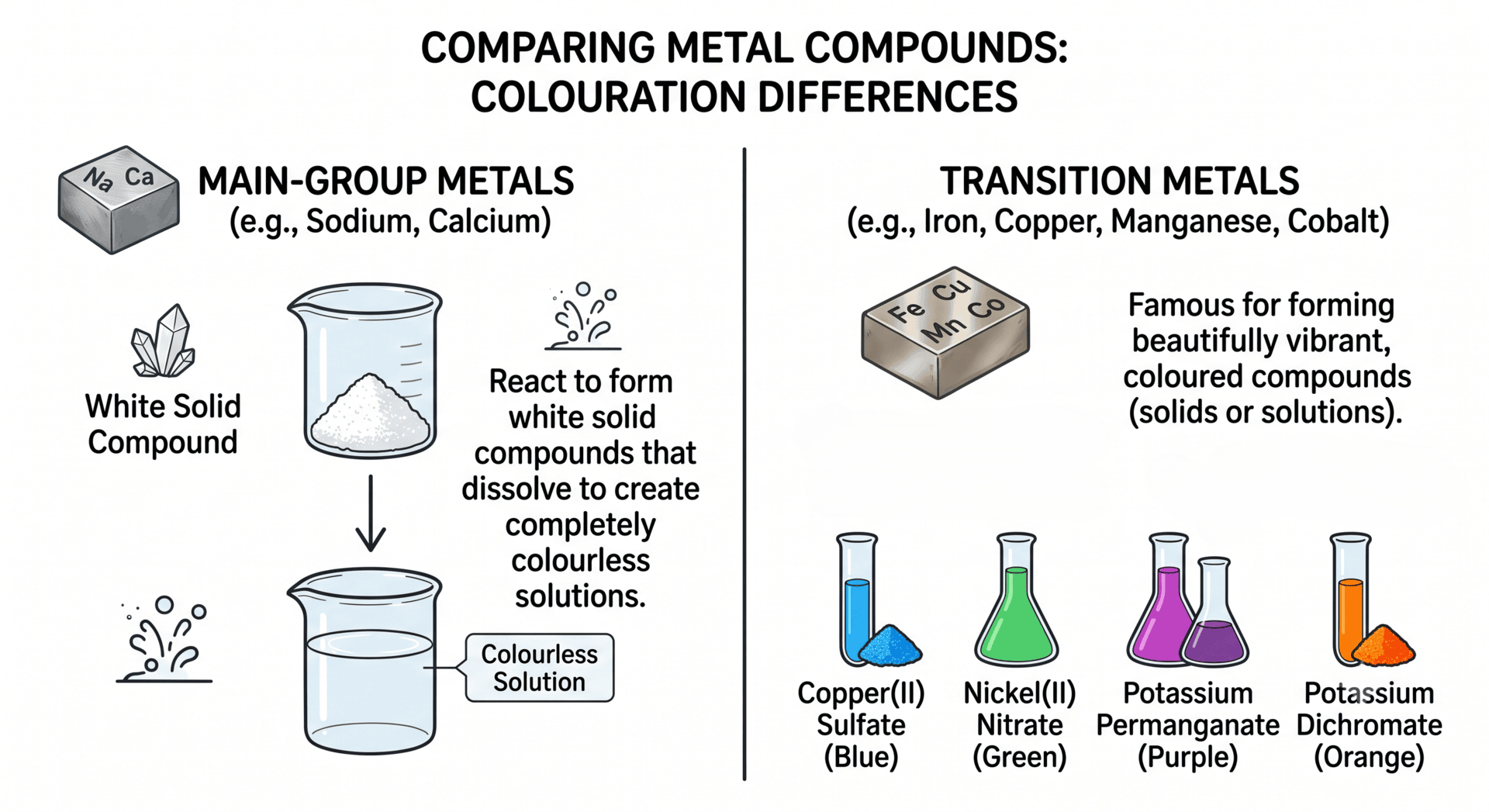 Illustration of colours of transition metal solutions compared to main group metals