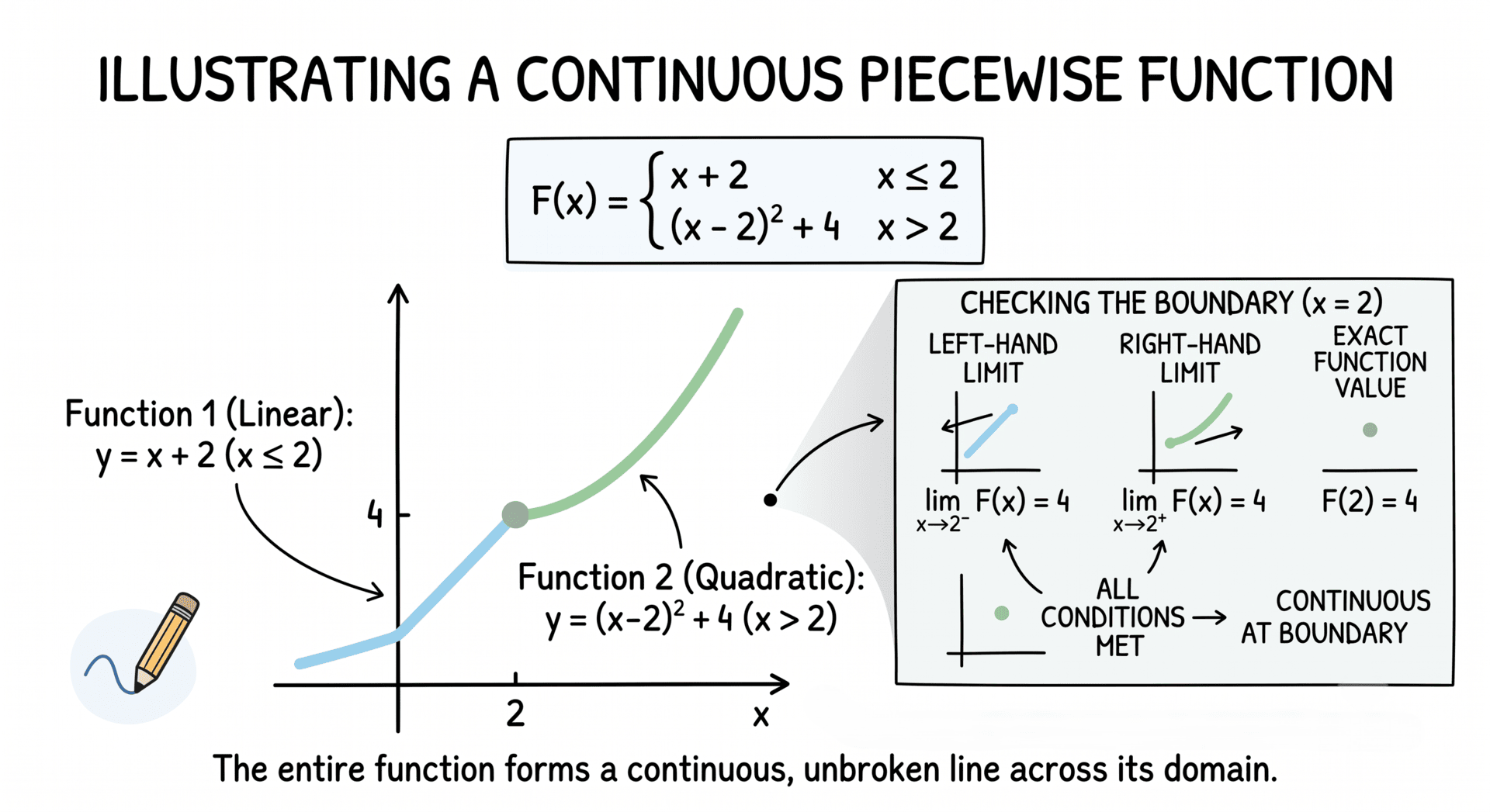 Illustration of a continuous piecewise function meeting all the boundary conditions