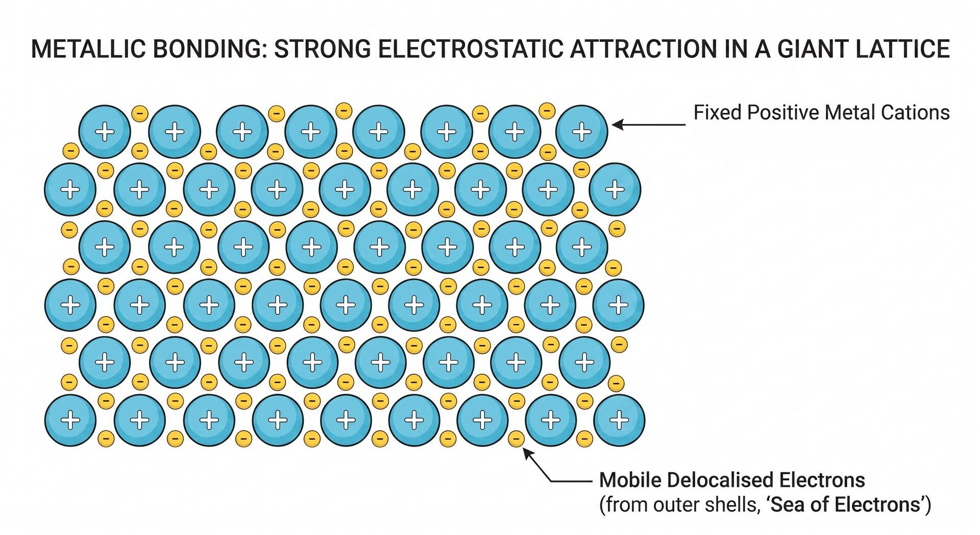 Illustration of metallic bonding showing a sea of delocalised electrons within a lattice of positive metal cations