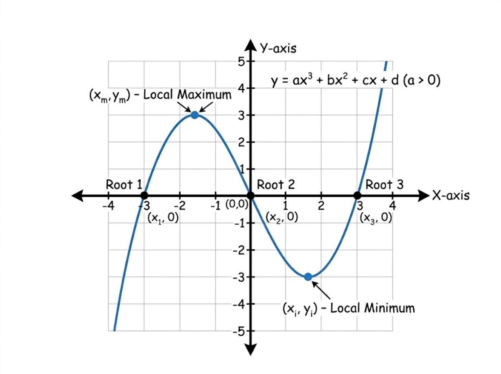 Illustaration of a cubic graph of regular form with roots and turning points labelled