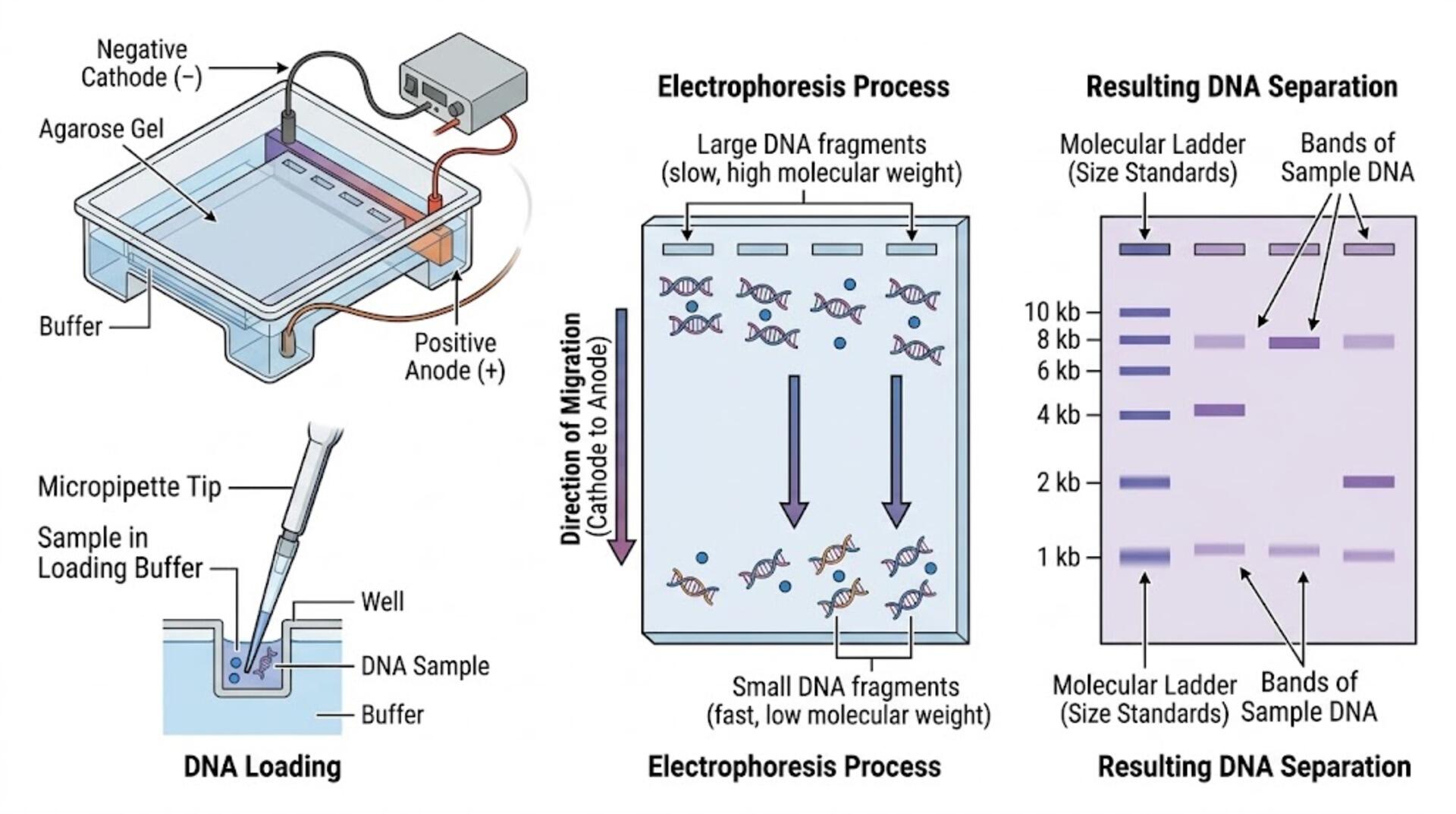 Illustration of gel electrophoresis showing the setup, DNA loading, process and resulting seperation