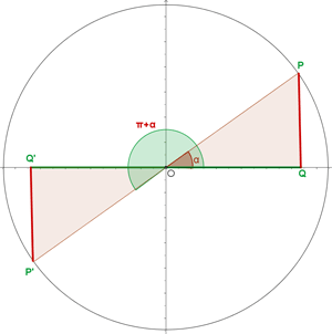 representación gráfica de circulo circunscrito y angulos que difieren por 180 grados