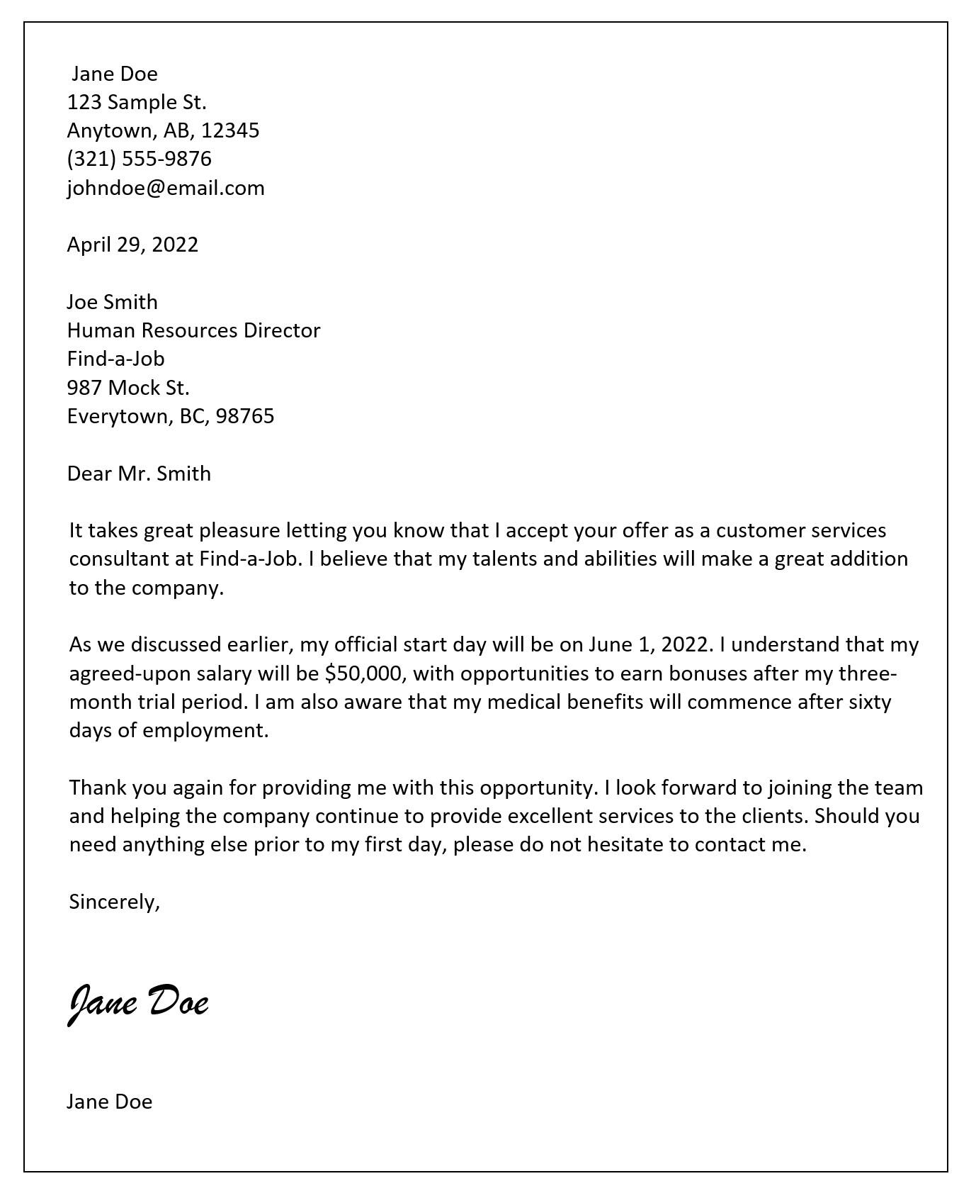 Employment acceptance letter example