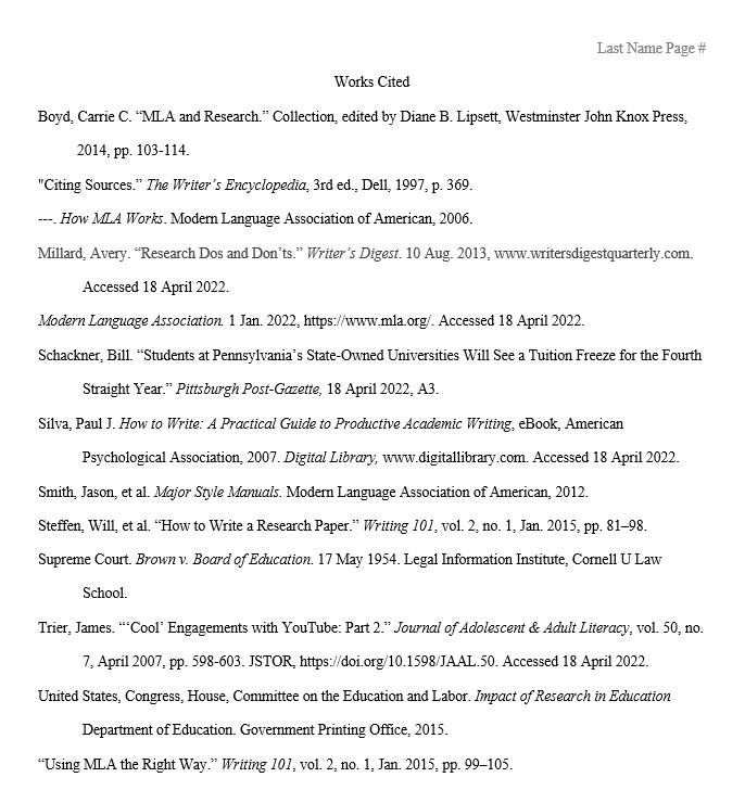 MLA works cited example