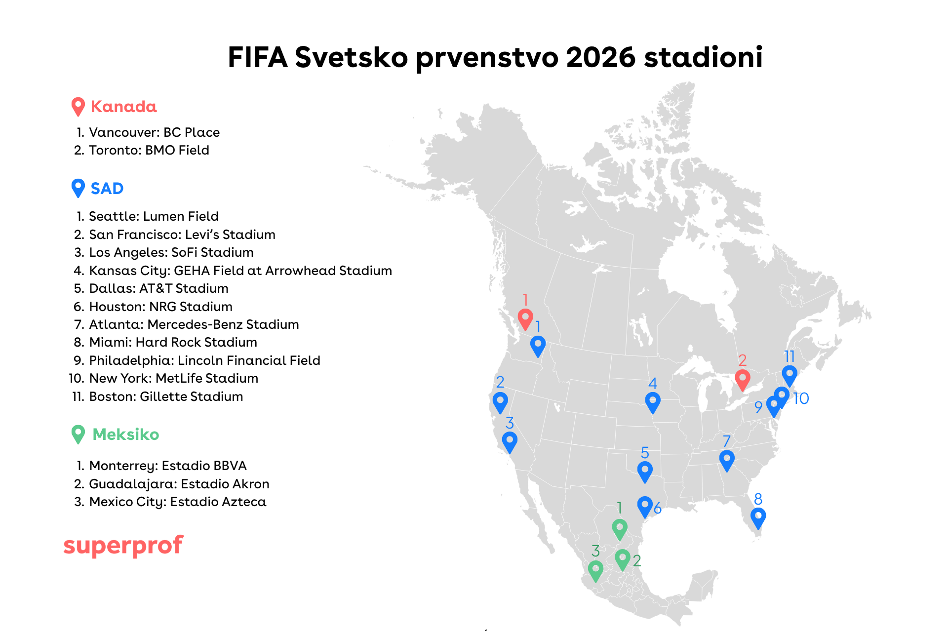 Mapa stadiona domaćina FIFA Svetskog prvenstva 2026