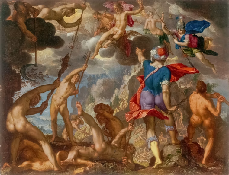 Joahim Antonis Vteval, Bitka između bogova i divova, 1603–1613. Ulje na bakru koje prikazuje mitološku borbu između bogova i divova.