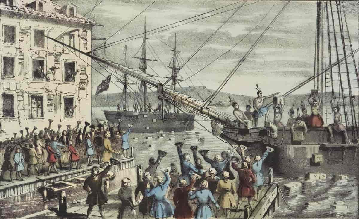 Målning som föreställer händelserna vid Boston Tea Party.