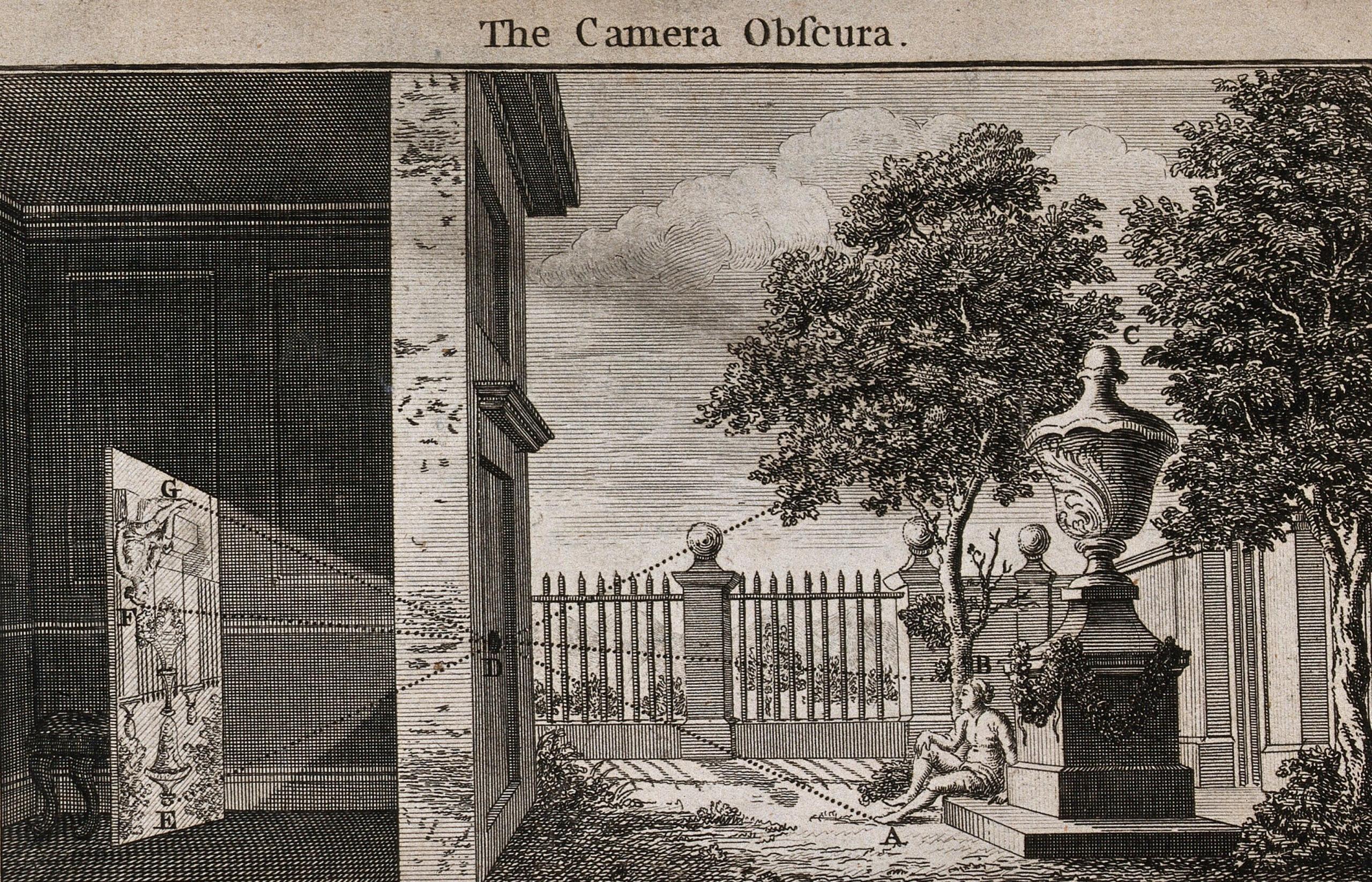 Teckning över hur camera obscuran fungerar.