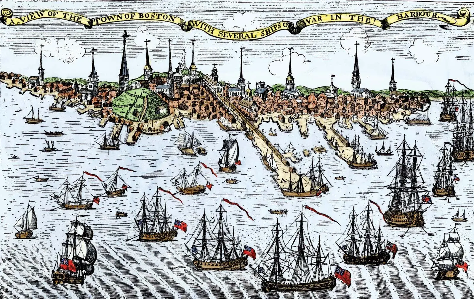 Illustration av det historiska Boston, med många segelfartyg i hamnen och en livlig stad längs vattnet.