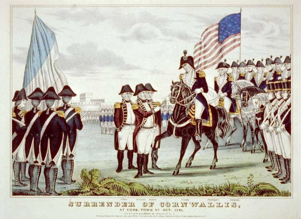 Historisk illustration av Cornwallis kapitulation i Yorktown, med soldater i uniform och en amerikansk flagga.