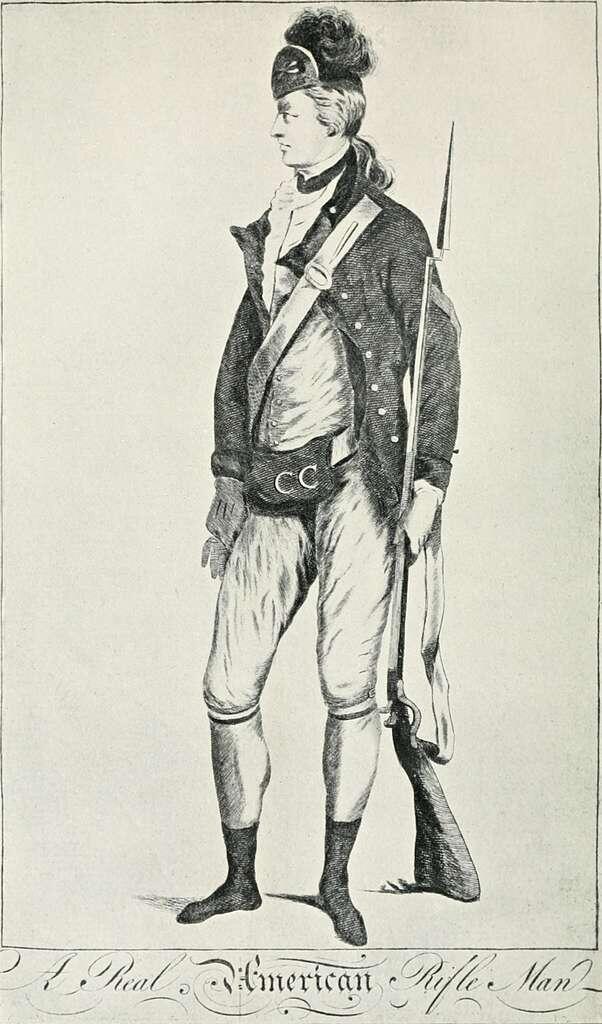 En historisk illustration av en militärfigur i 1700-talsdräkt, utrustad med ett gevär och iförd en karakteristisk hatt.