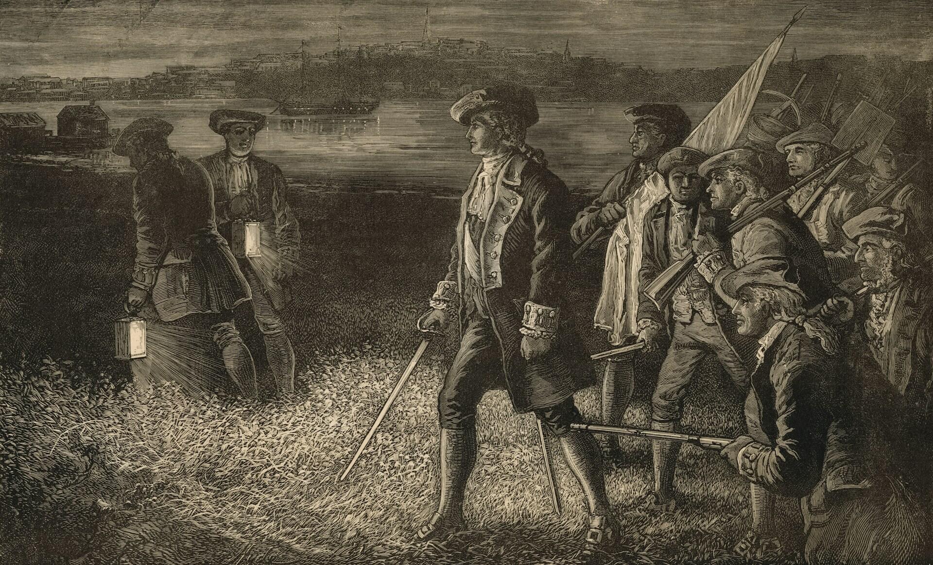 En grupp historiska personer står på ett fält om natten, med lyktor och vapen i händerna, och en stadsbild syns i bakgrunden.