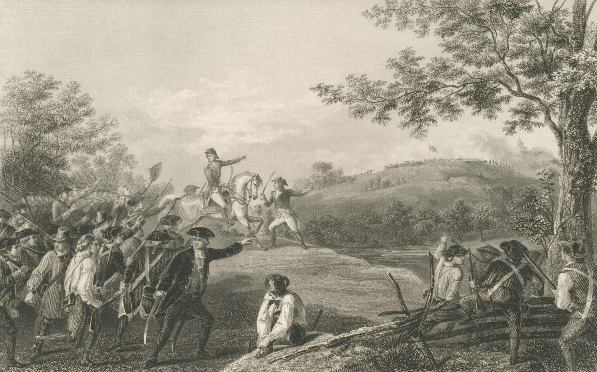 Ett tryck föreställande en stridsscen med soldater i historiska uniformer, flaggor och fallna krigare mitt i rök och tumult.