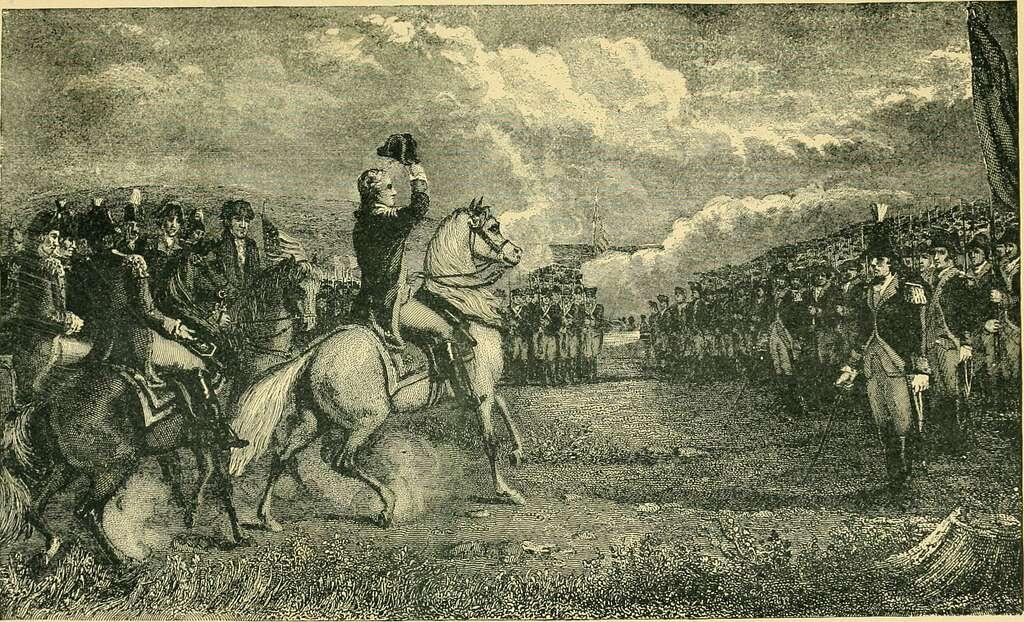 En historisk scen som föreställer en ledare till häst som hälsar på en samling soldater och officerare under en militärceremoni.