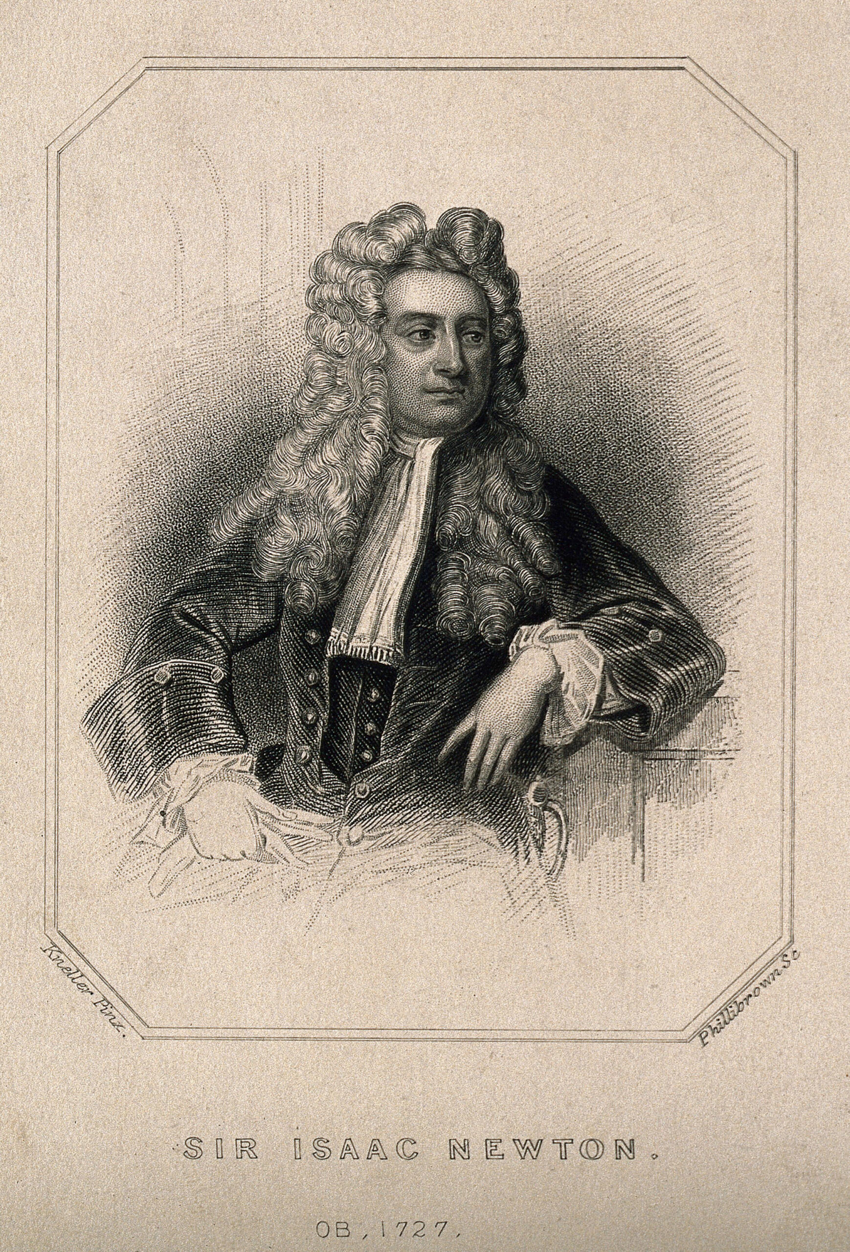 Sir Isaac Newton. Stippelgravyr av T. Phillibrown efter Sir G. Kneller, 1720.