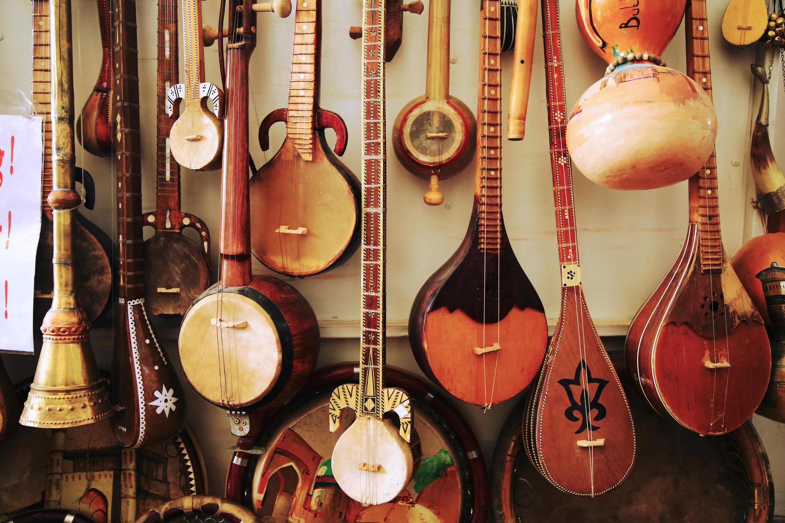 En musikaffär med olika stränginstrument.
