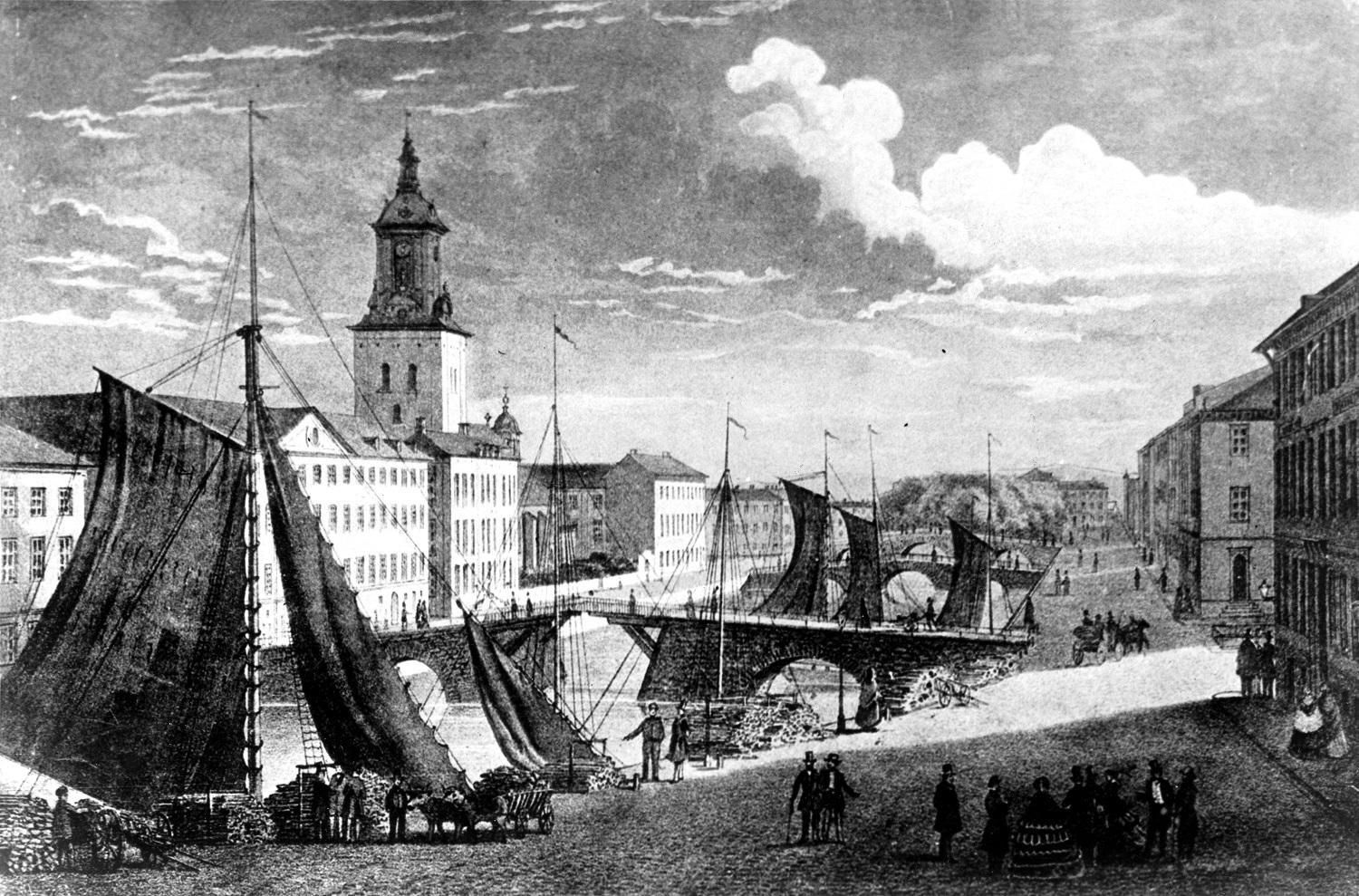 Teckning över Göteborgs kanaler i hamninloppet på 1800-talet.