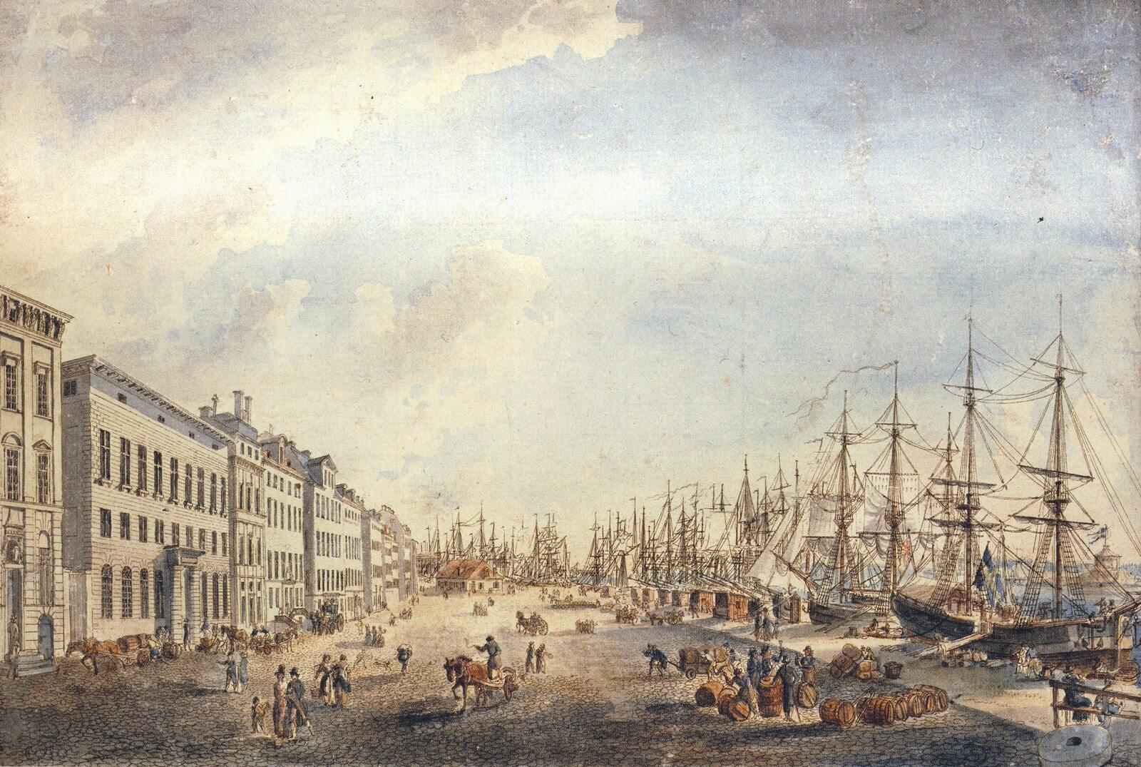 En målning över hur Skeppsbron såg ut på 1700-talet.