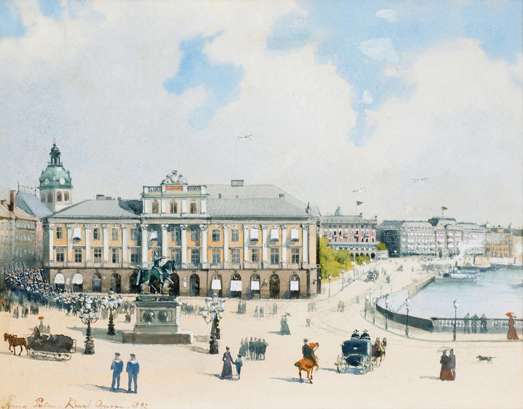 En akvarellmålning föreställande den kungliga operan i Stockholm från 1892.