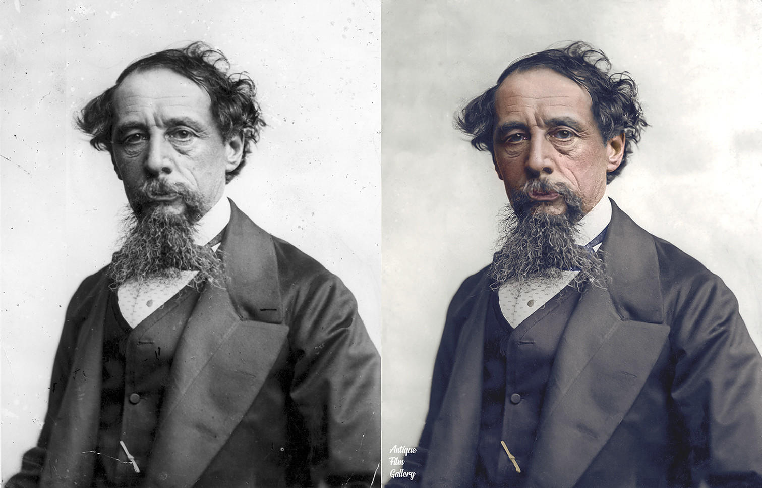 En bild av Charles Dickens som visas i svartvitt och i färg
