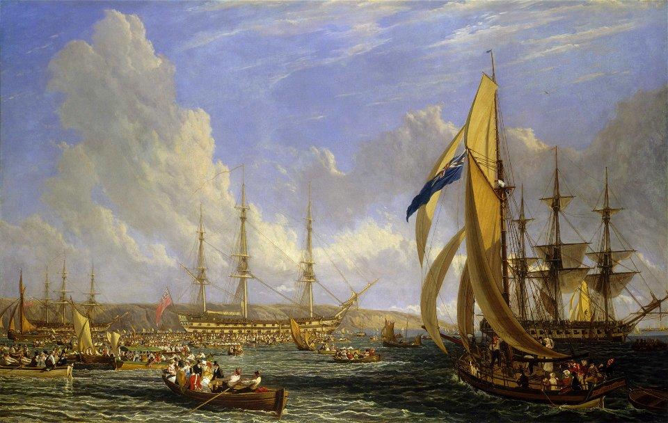 Scen i Plymouth Sound i augusti 1815 Undertitel - ”Bellerophon” med Napoleon ombord i Plymouth