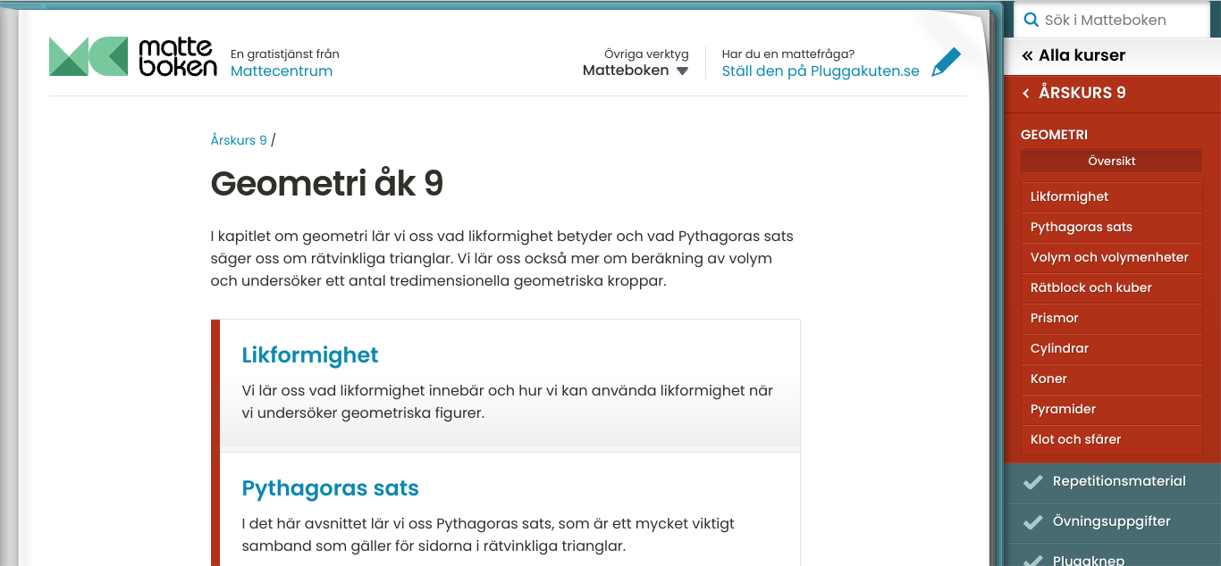 Skärmbild tagen från hemsidan matteboken.se