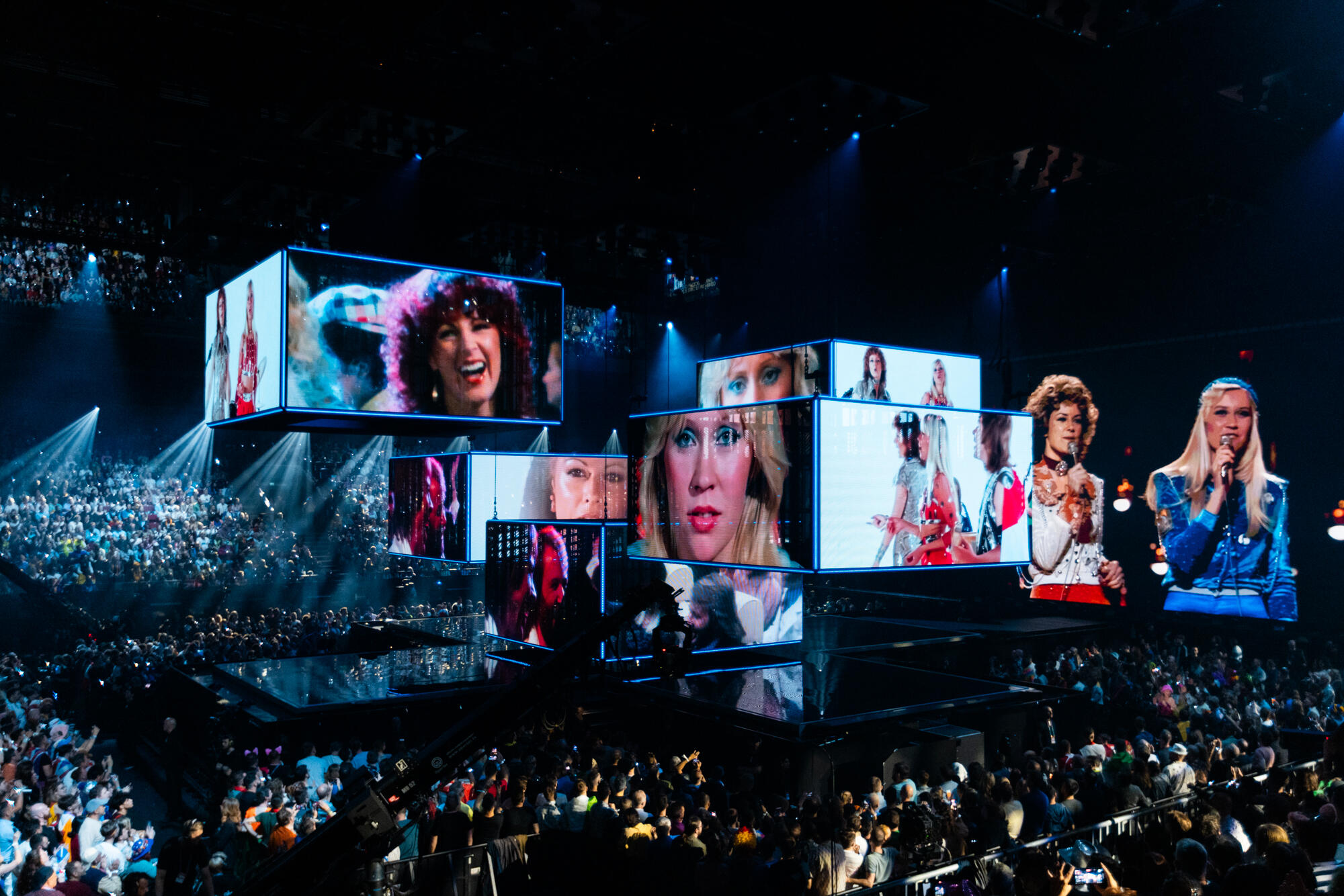 Alcazar performing Crying at the Discoteque with Malin Åkerman at the Grand Final of the 68th Eurovision Song Contest at Malmö Arena during Eurovision 2024