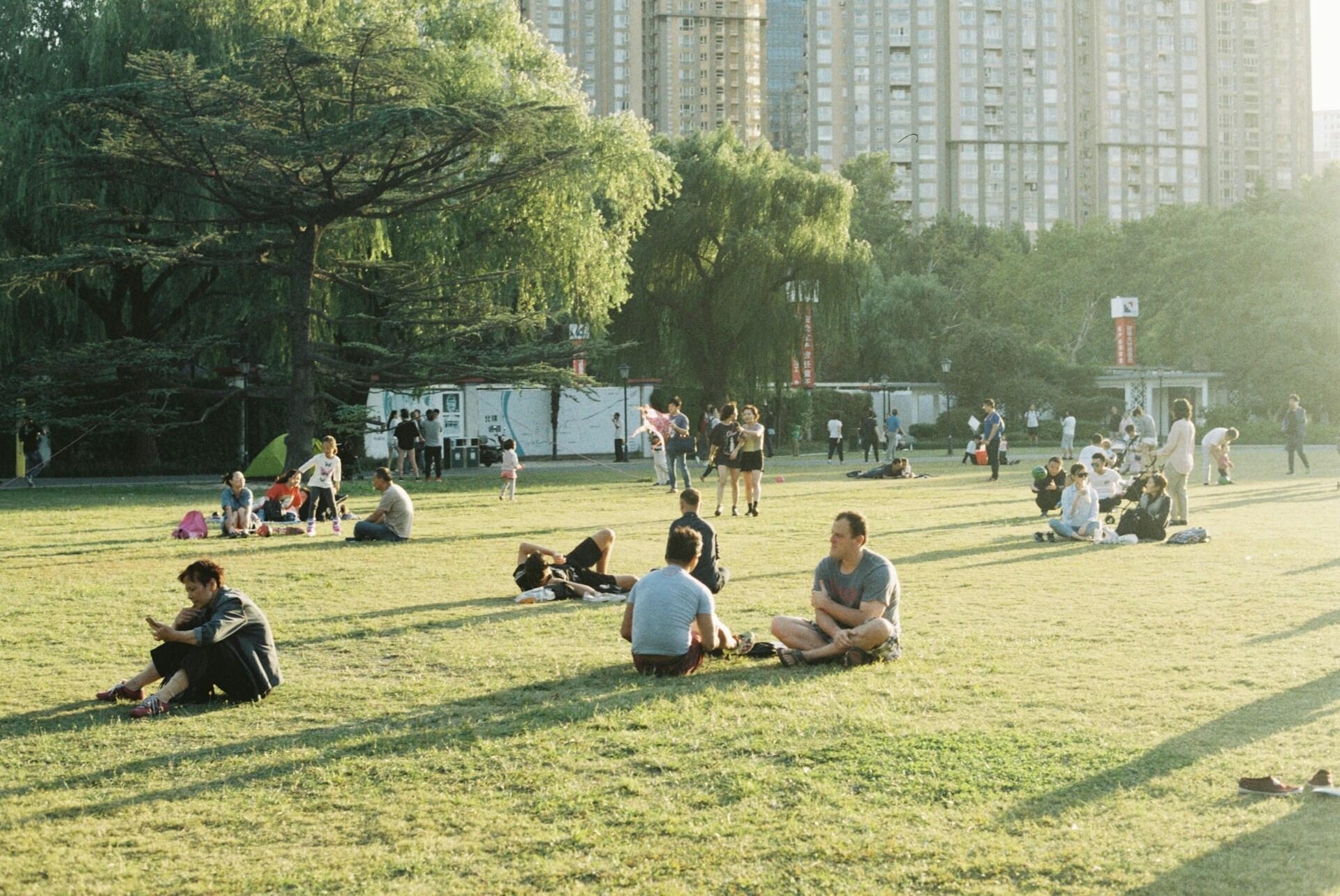 Folk som sitter på gräset i en park.