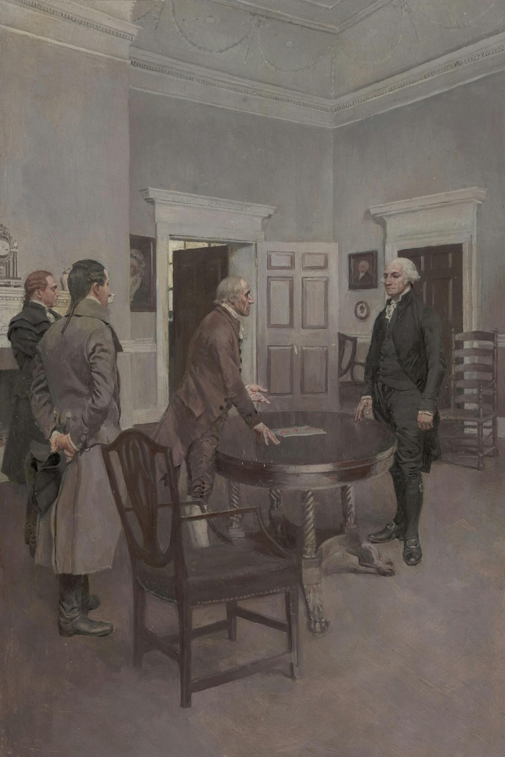 Titel: Thomson, kontinentalförsamlingens sekreterare, meddelar George Washington på Mount Vernon att han valts till president Beskrivning: Den 14 april 1789 anländer Charles Thomson, sekreterare i kontinentalförsamlingen, till Mount Vernon för att meddela George Washington att han valts till president. Konstnär: Pyle, Howard, 1853–1911 Namn på föremålet: H. Pyle Datum: [ca 1890–1896] https://www.digitalcommonwealth.org/search/commonwealth:c247gh126