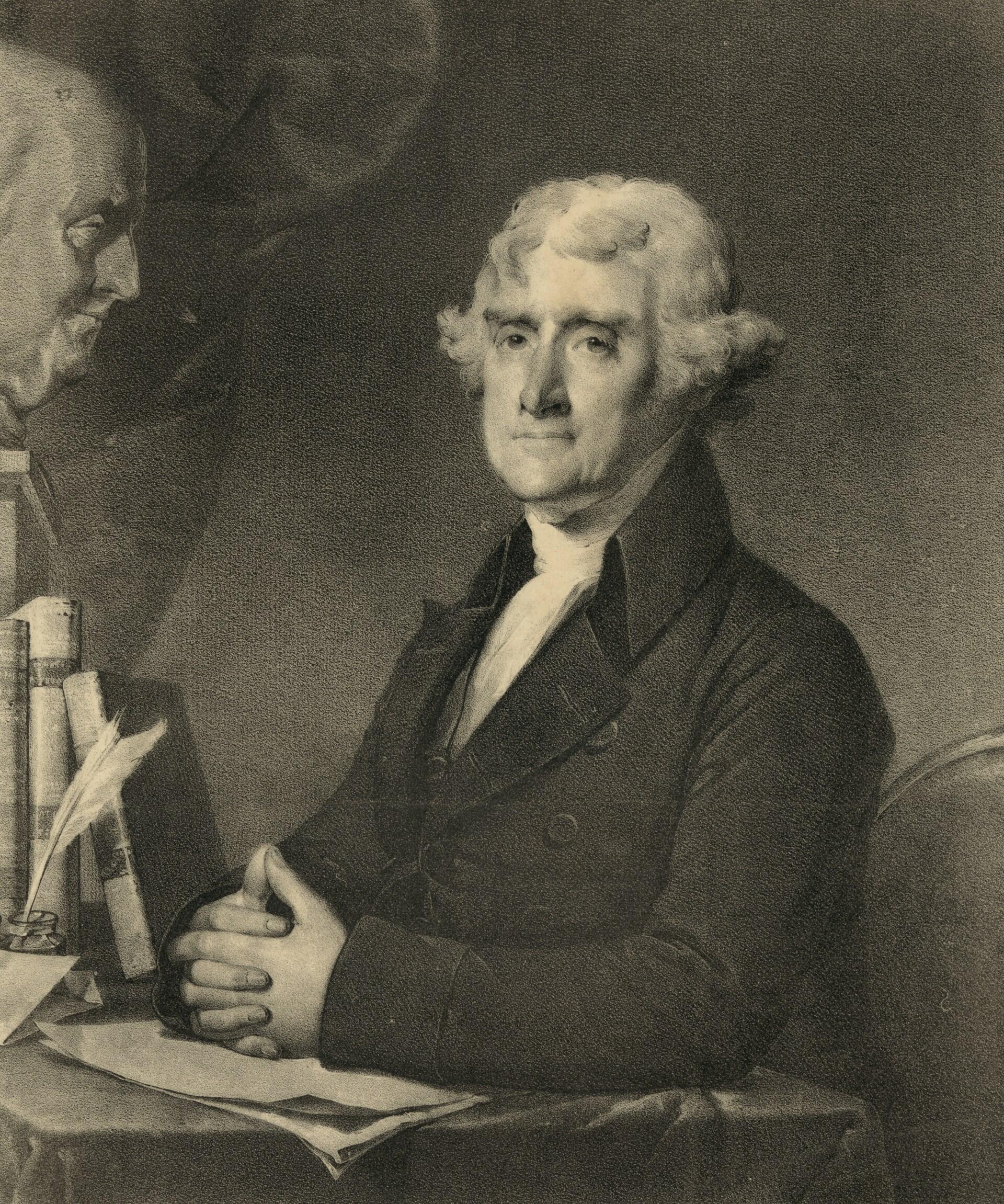Thomas Jefferson, USA:s tredje president. Litografi på sten av Maurin, tryckt av Pendleton's Lithography från en originalserie målad av Gilbert Stuart, [ca 1825-1828].
