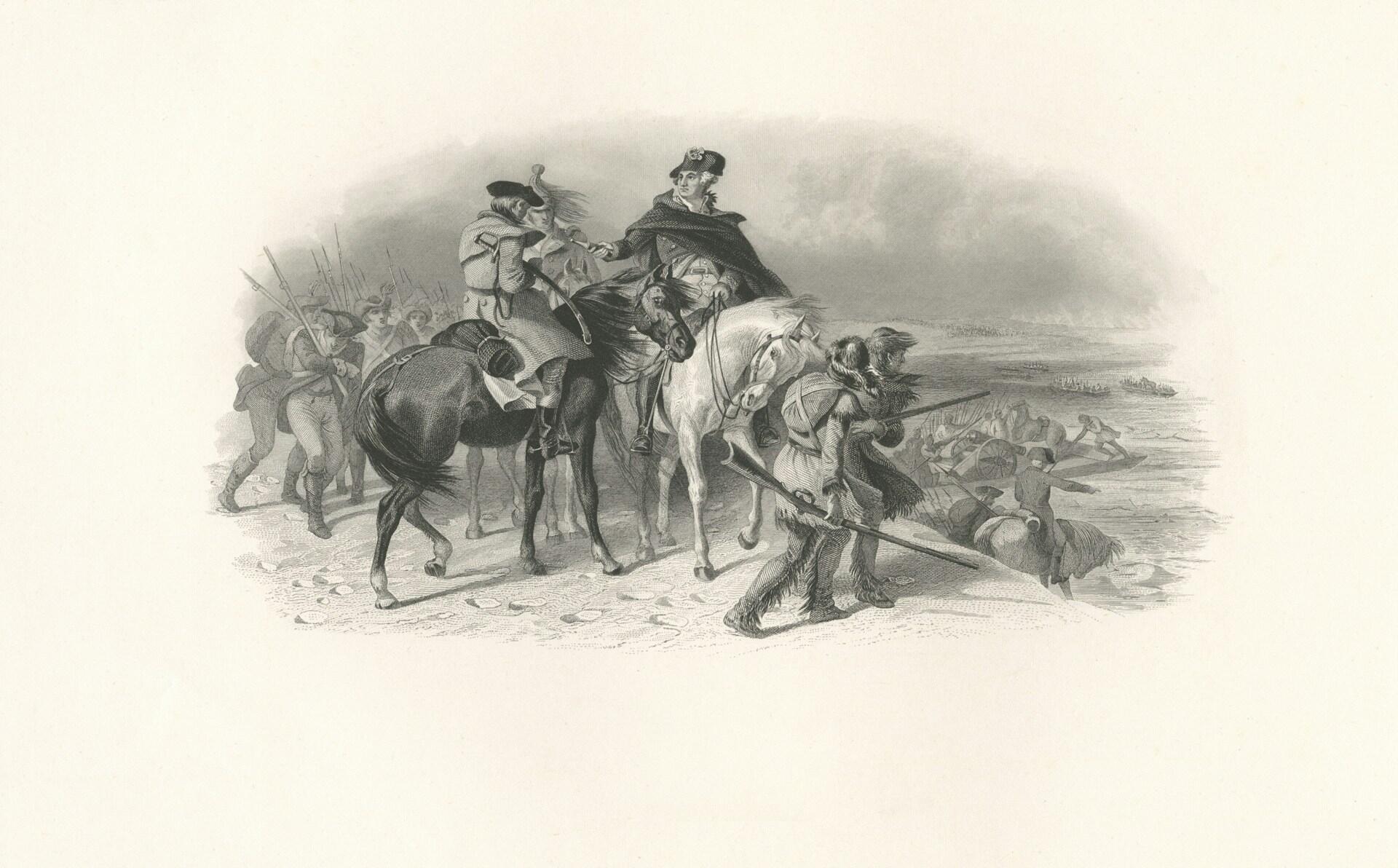 Illustration över George Washington och soldater till häst och till fots i ett landskap