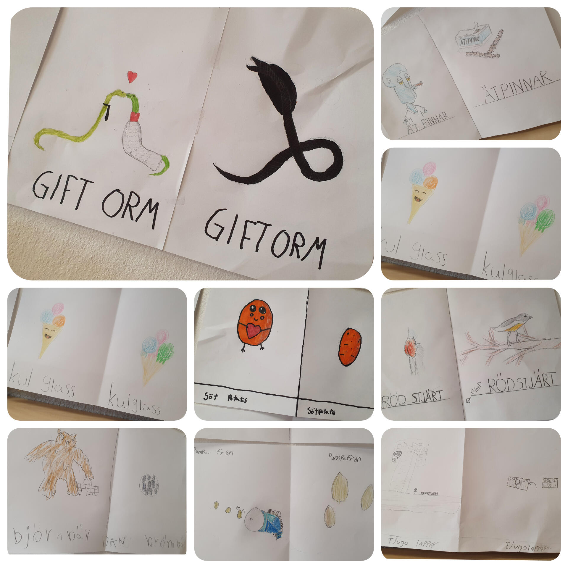 Illustrationer på särskrivningar och sammansatta ord.