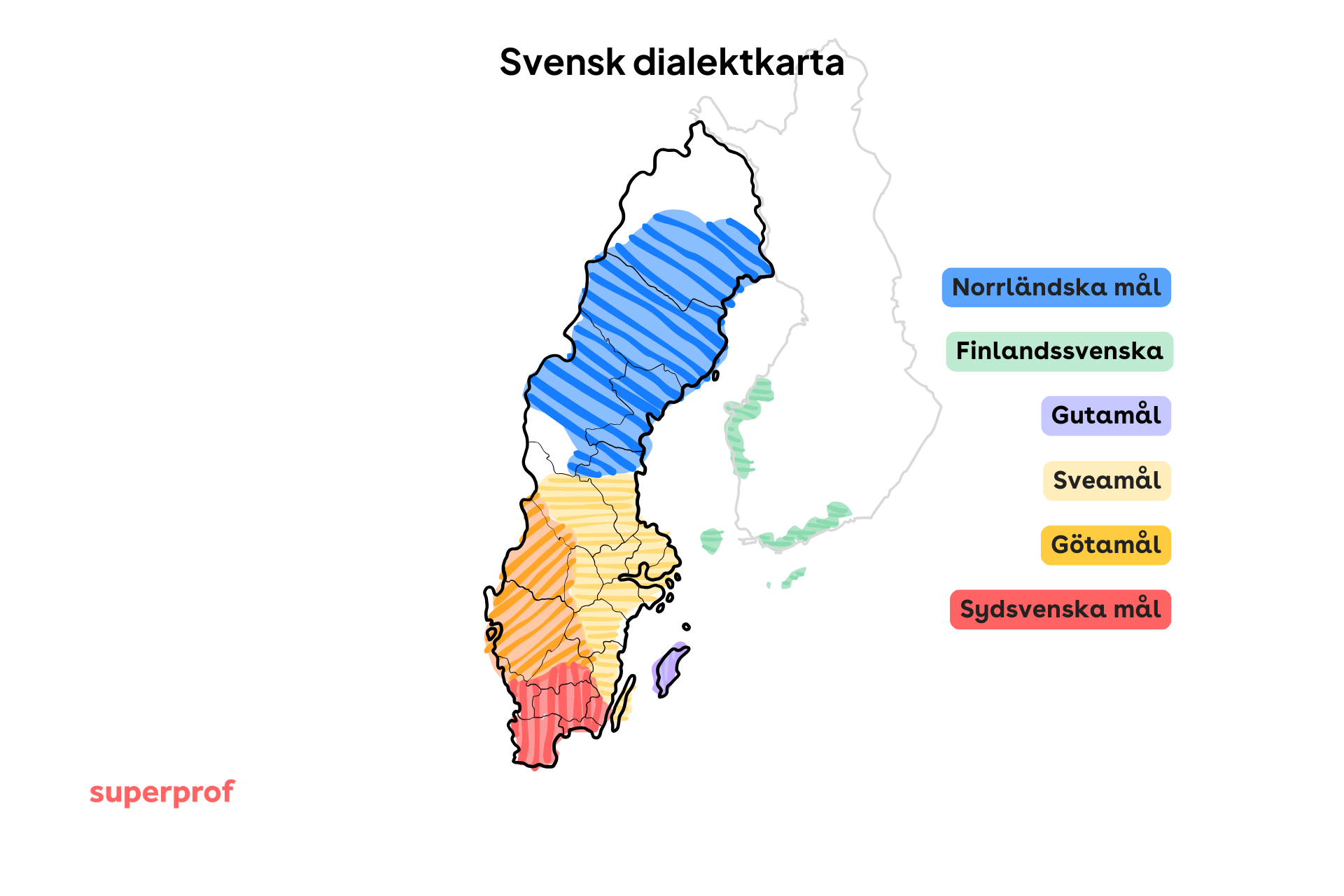 Karta som visar var de olika svenska dialekterna talas.