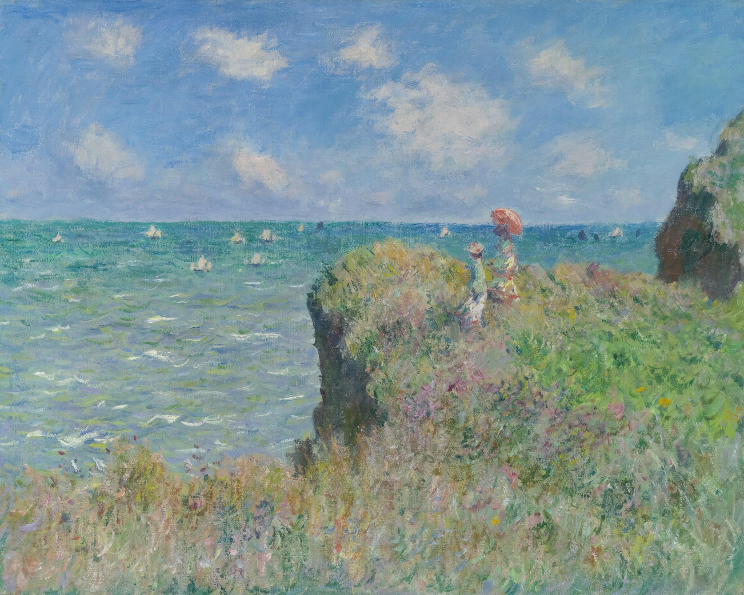 målning av monet, kvinnor vid klippa och vatteb