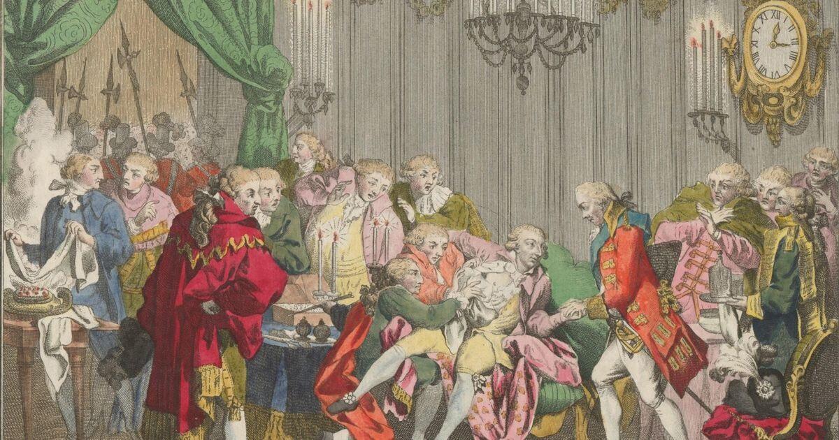 Illustration av när Gustav III blir skjuten på maskeradbalen