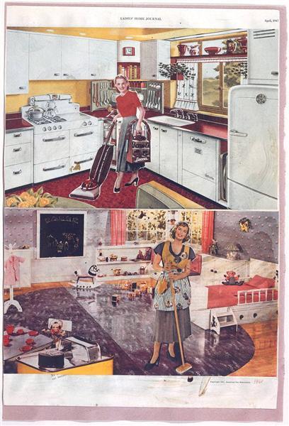 ett färgglatt collage med en kvinna i hemmet