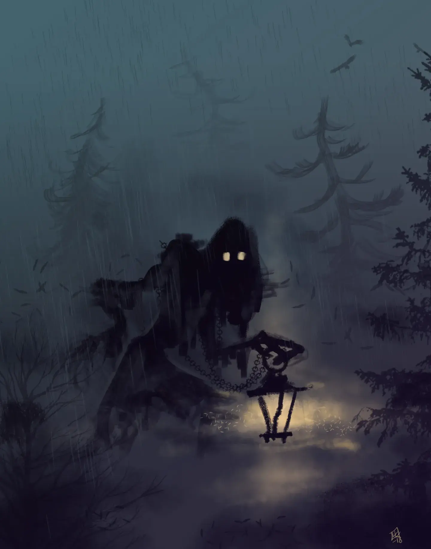 Lyktgubbe i mörk skog