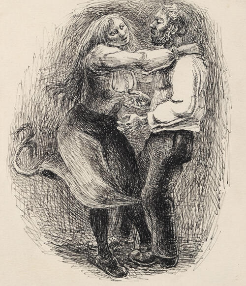 Skogsrå som dansar med en man. Svansen syns under kjolen.