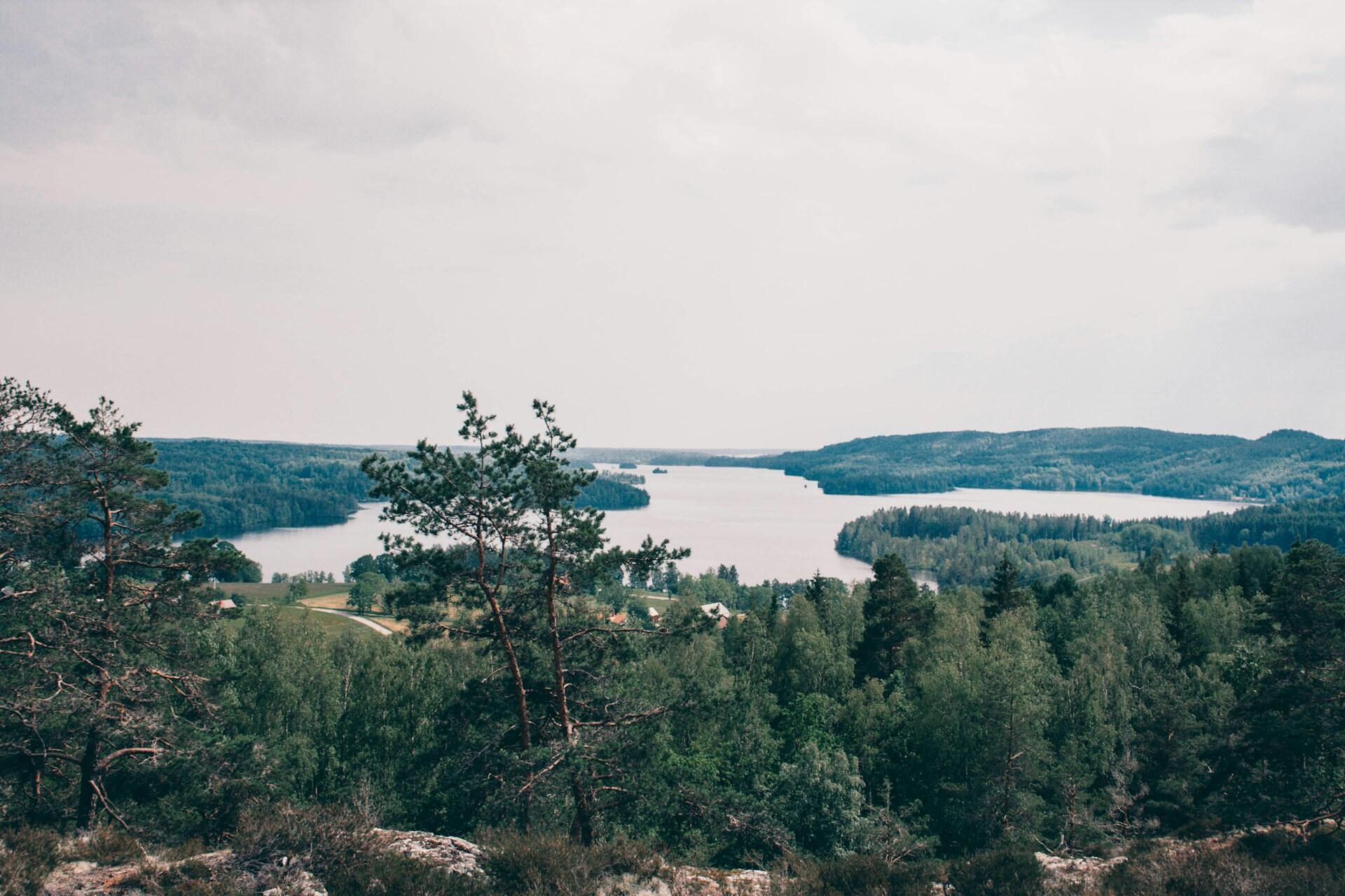 Vacker utsikt över en lugn sjö omgiven av grönskande skogar och böljande kullar under en ljusgrå himmel.